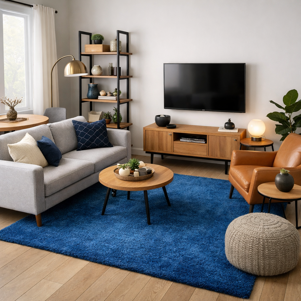 Cozy living room with a vibrant blue rug, gray sofa, leather chair, and wooden furniture.