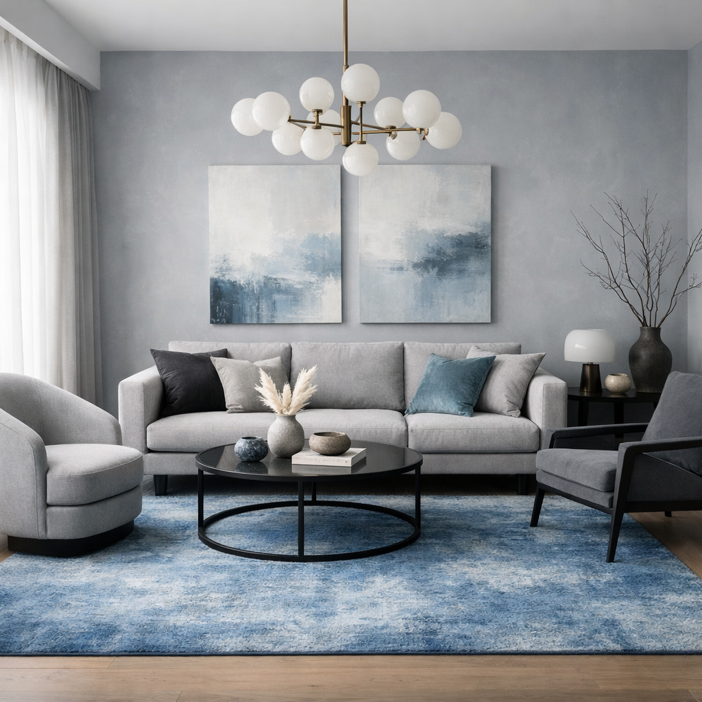 Living room with gray couch, blue rug, and art pieces featuring blue tones