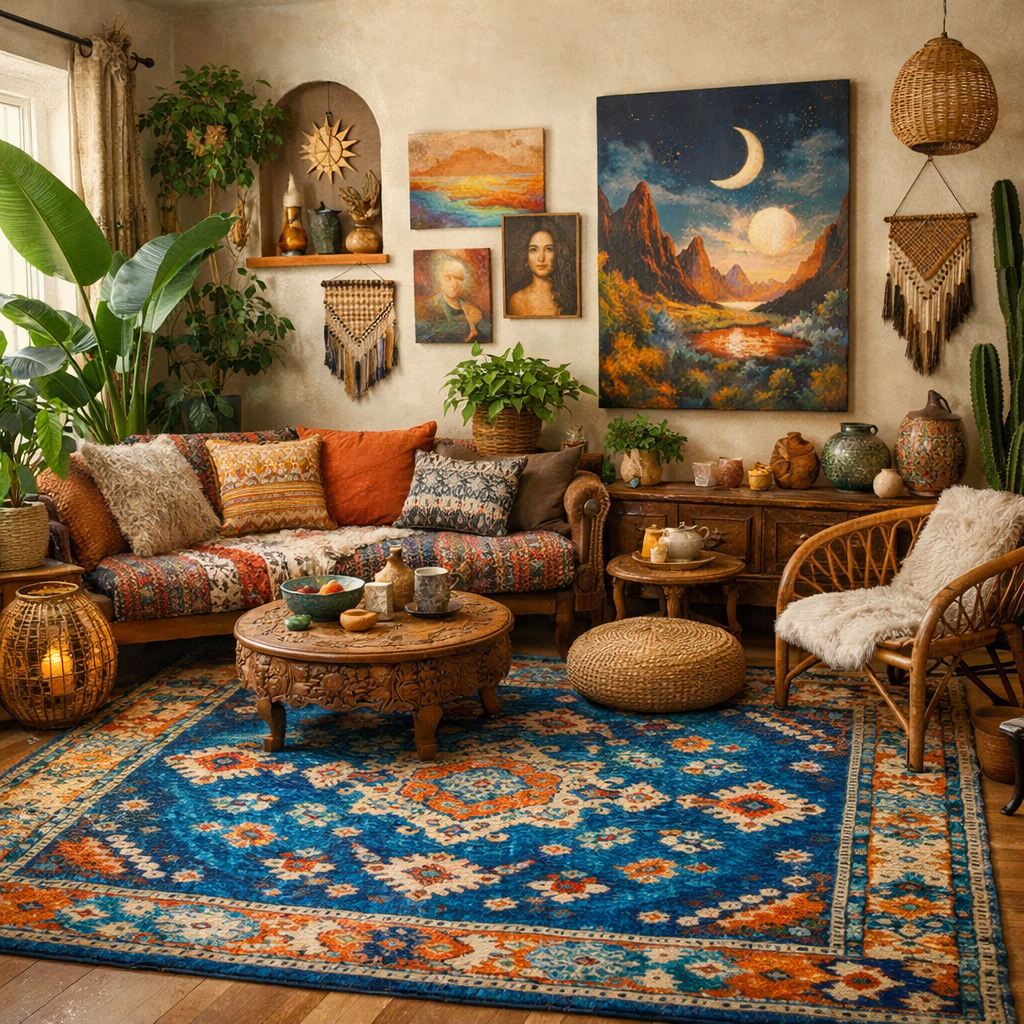 A bohemian-style living room featuring a vibrant blue patterned rug, cozy seating, and lush plants.