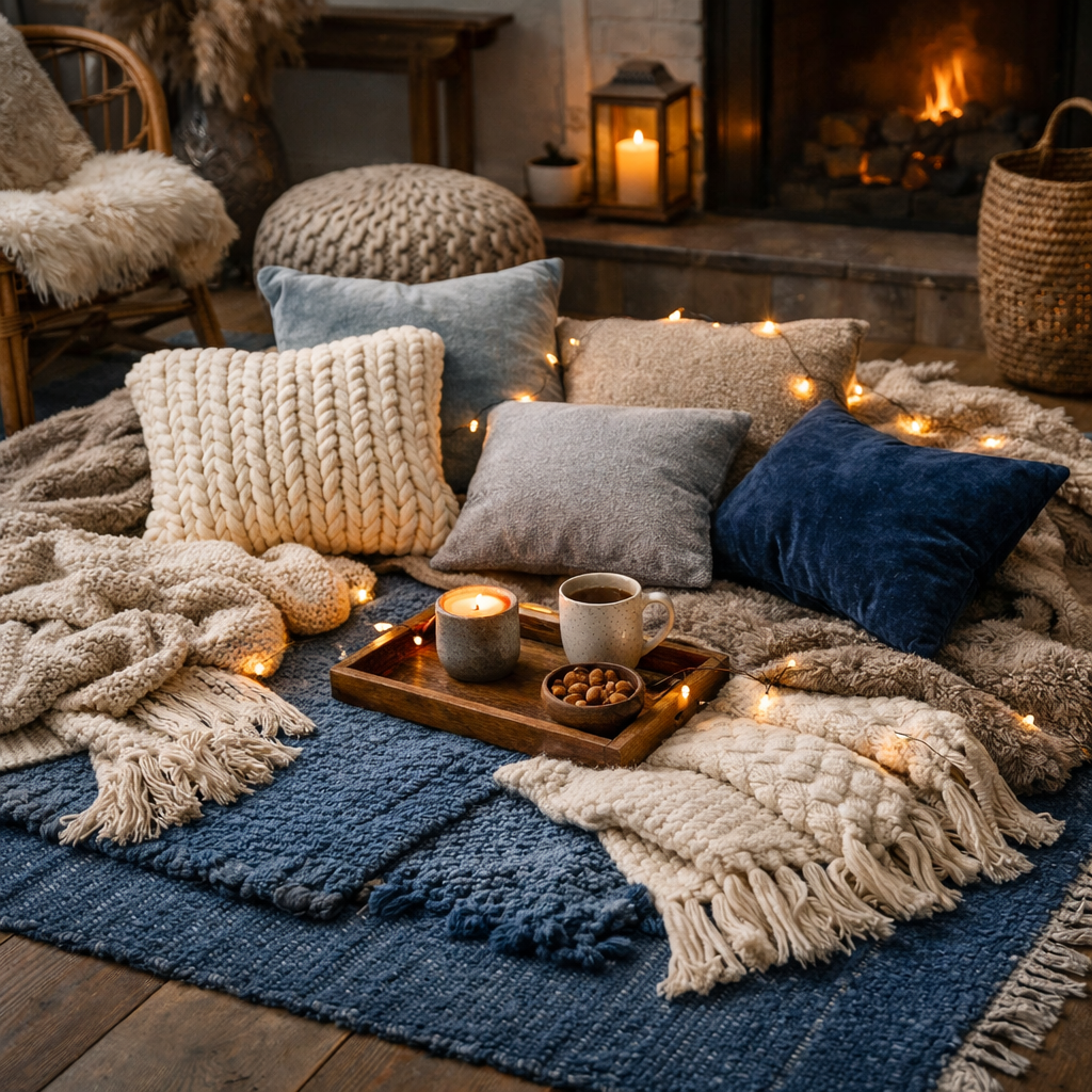 A cozy living room with a blue rug, layered throws, and styled pillows, creating a warm atmosphere.