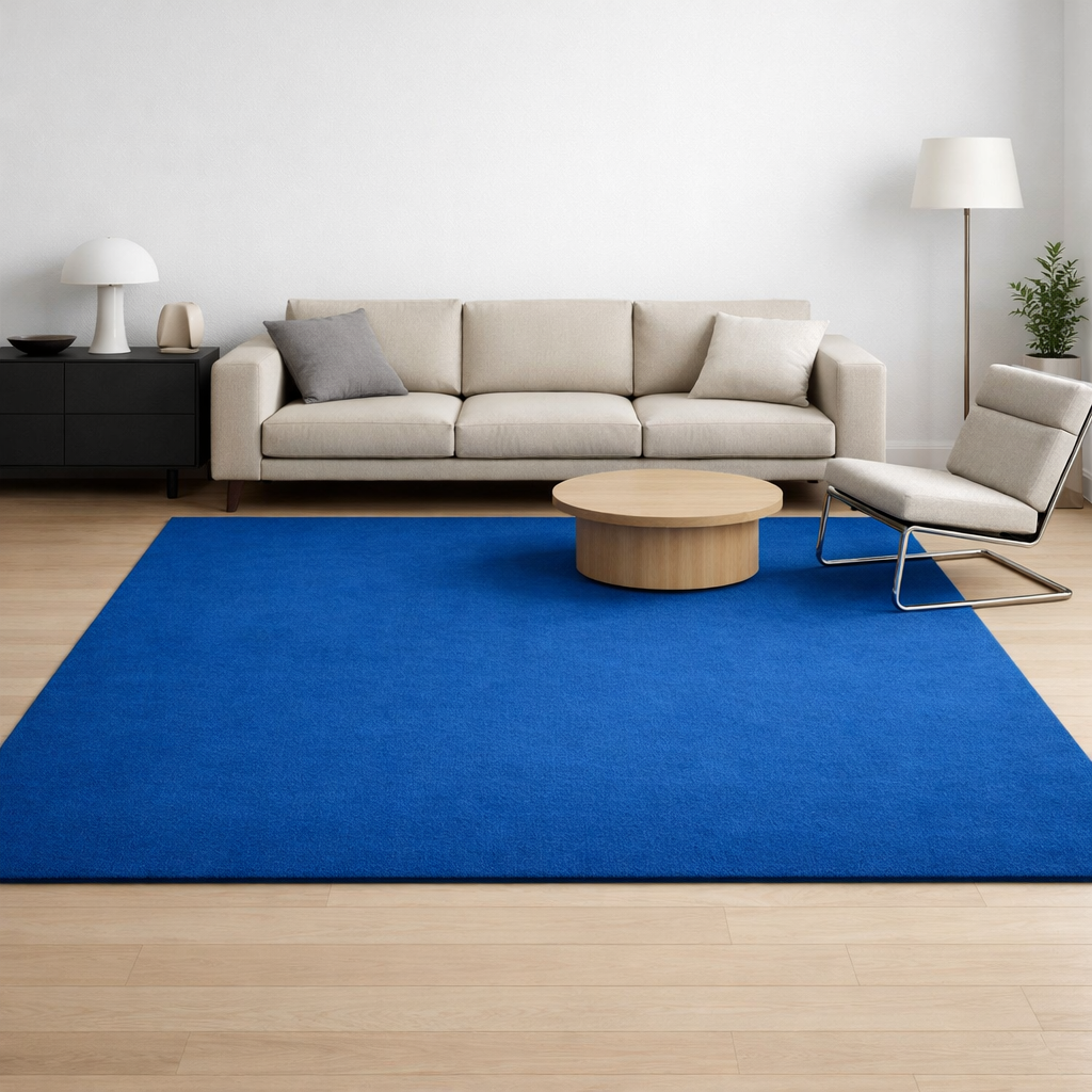 Modern minimalist living room featuring a solid blue rug, sofa, coffee table, and armchair.