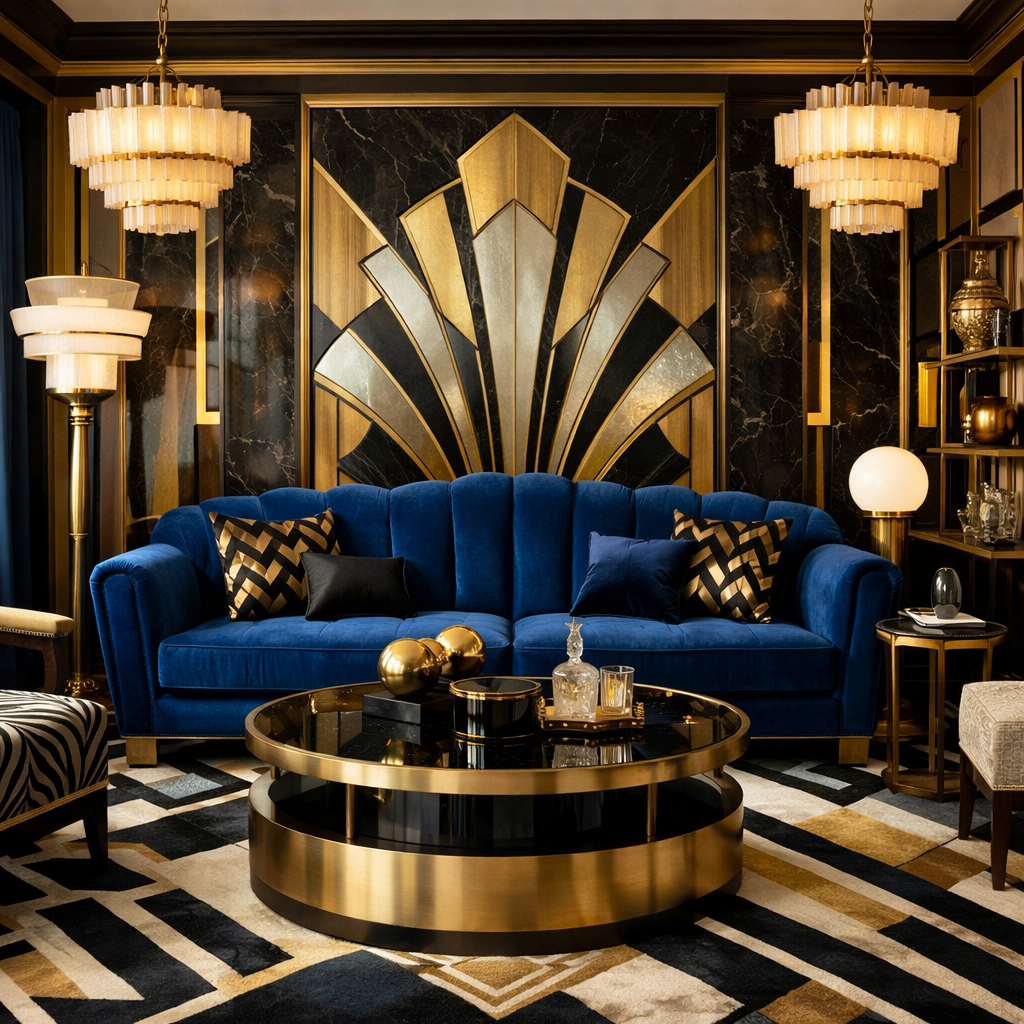 A luxurious living room featuring a blue velvet sofa with Art Deco design elements.