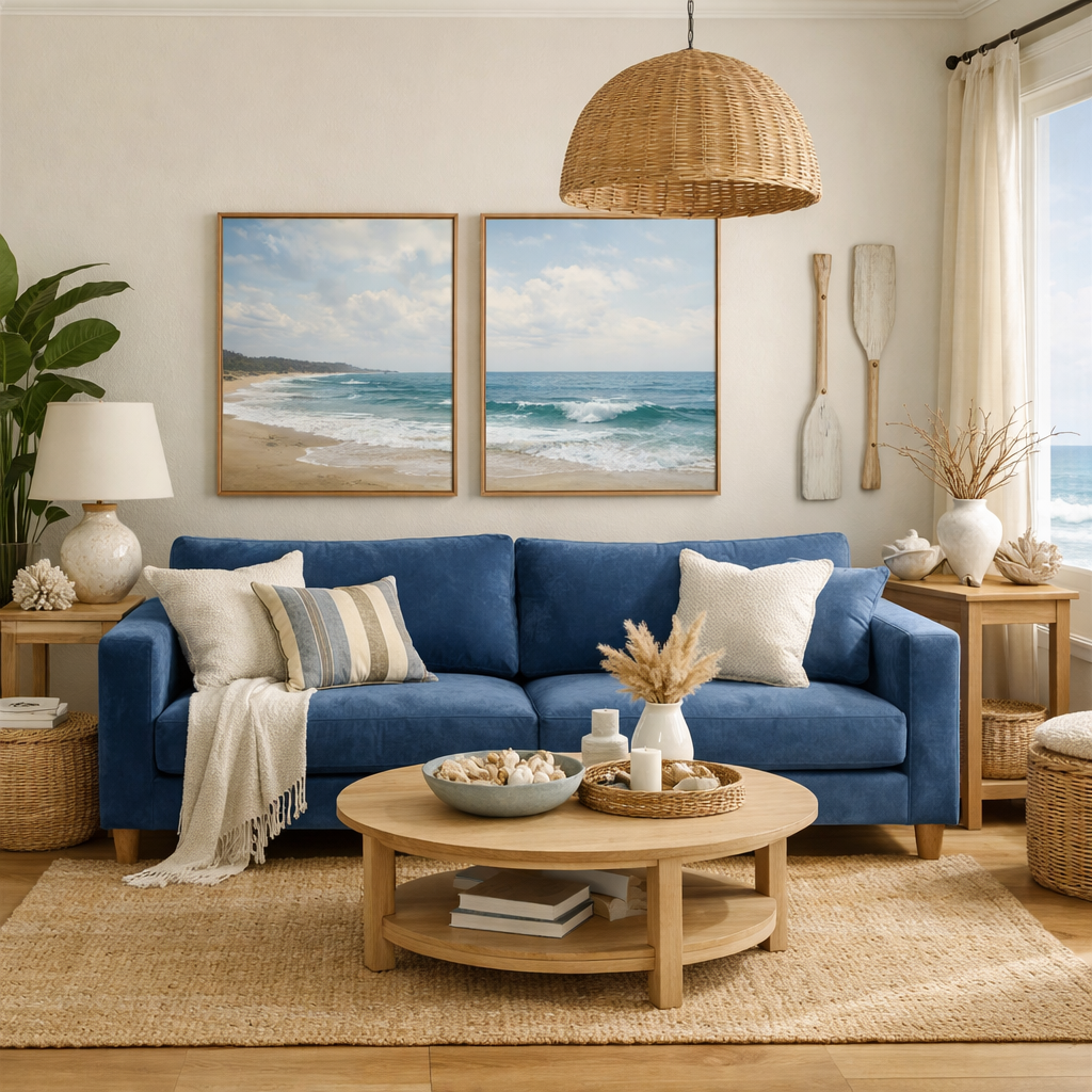 A living room featuring a blue velvet sofa, coastal decor, and natural materials