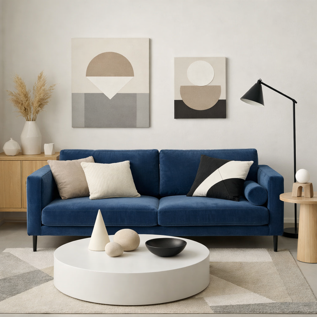 A modern living room featuring a blue velvet sofa, geometric artwork on the walls, and a round white coffee table.