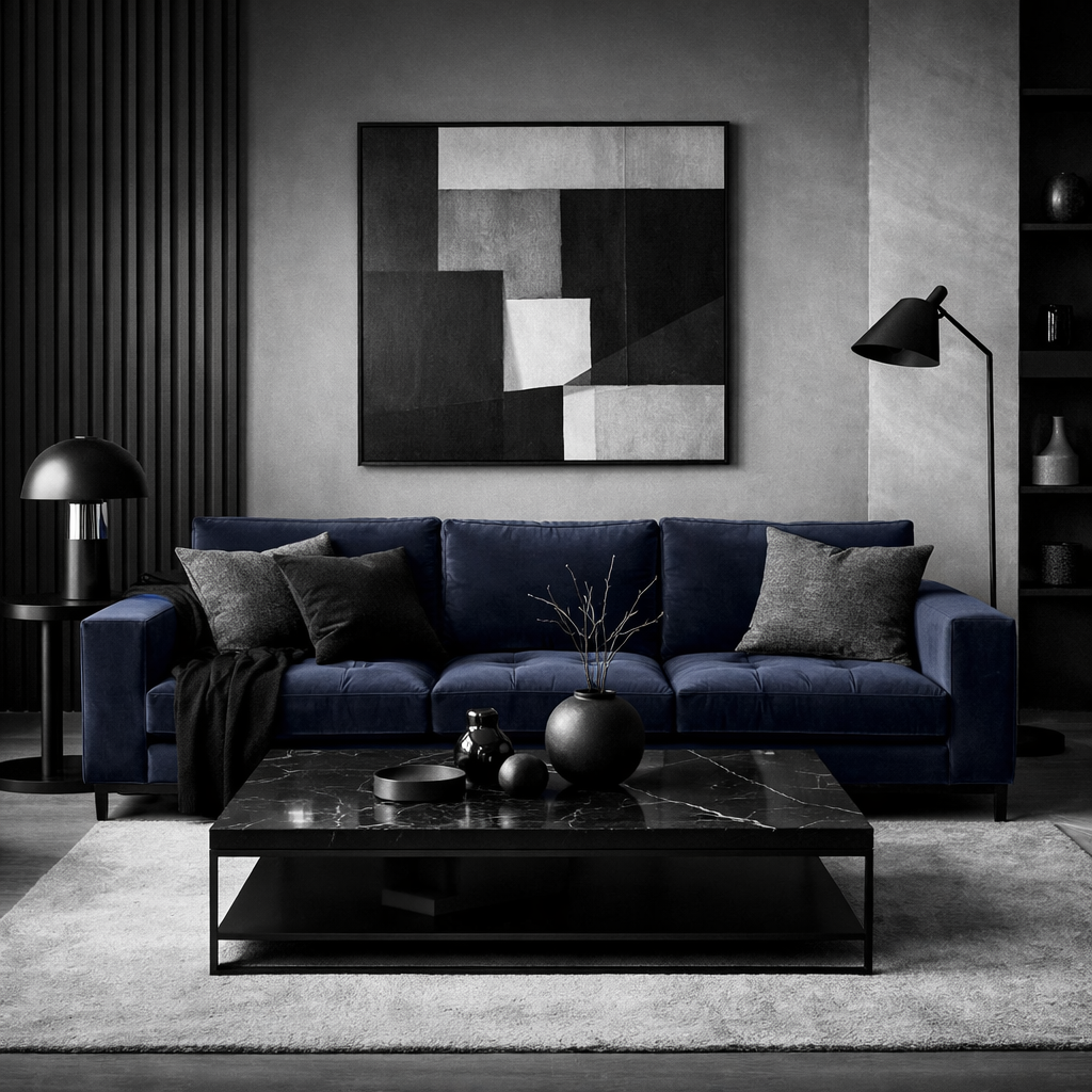 A sophisticated living room featuring a blue velvet sofa, black coffee table, and monochrome artwork.