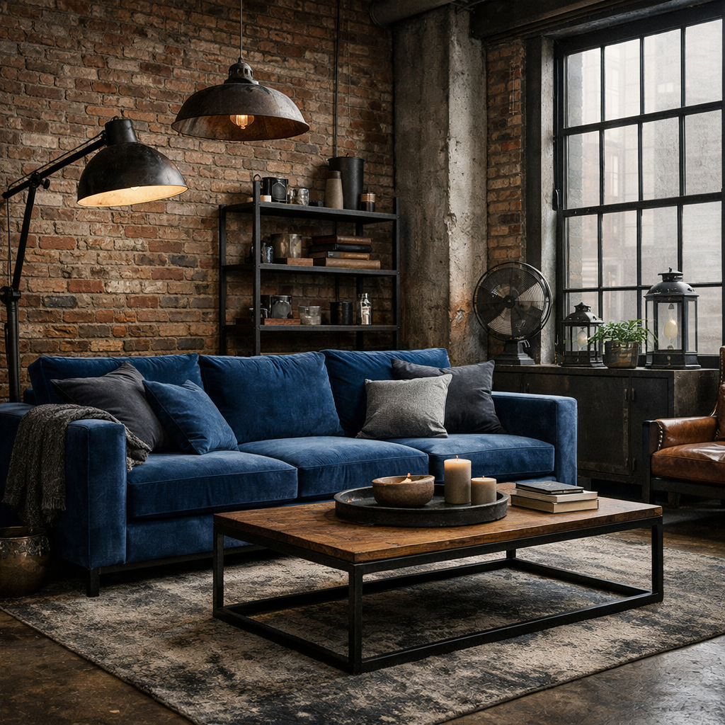A cozy urban industrial living room featuring a blue velvet sofa, exposed brick wall, and industrial decor.