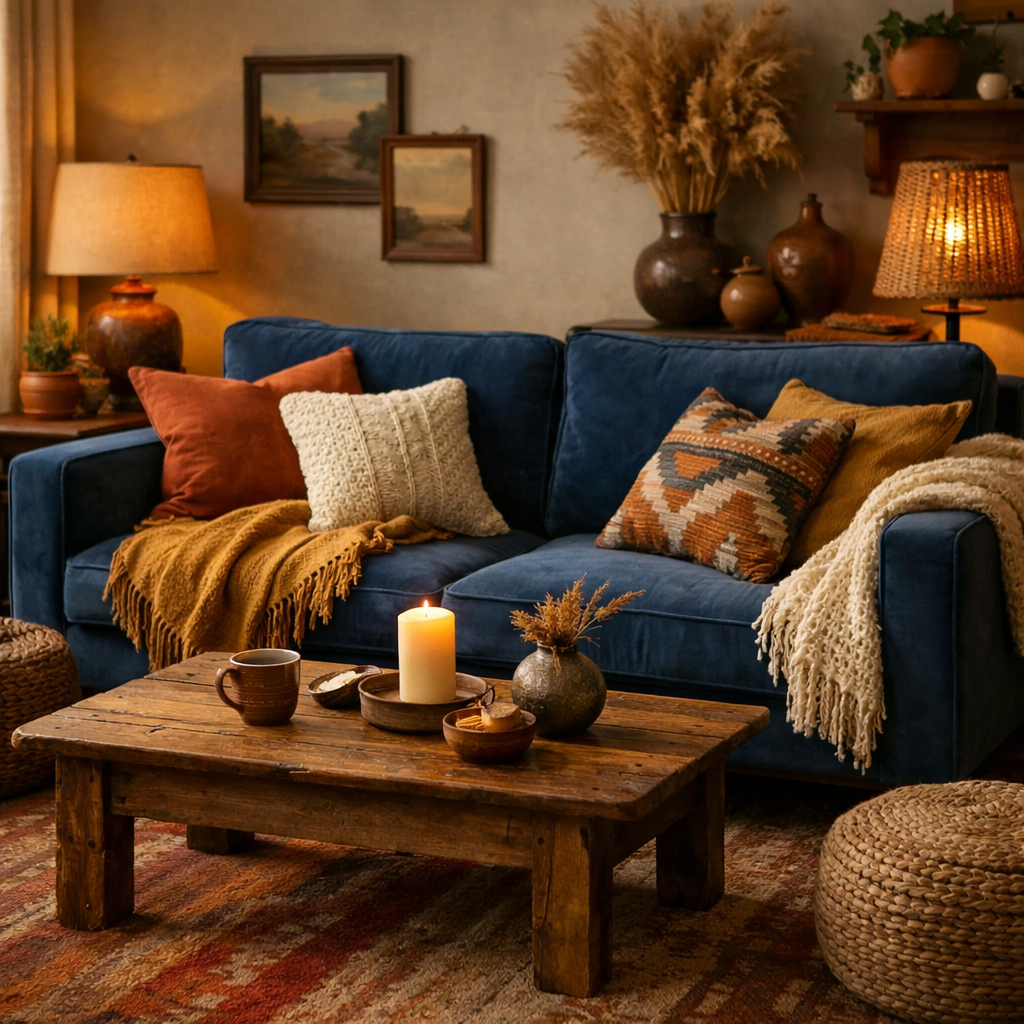 A warm and cozy living room featuring a blue velvet sofa, layered textiles, and rustic decor.