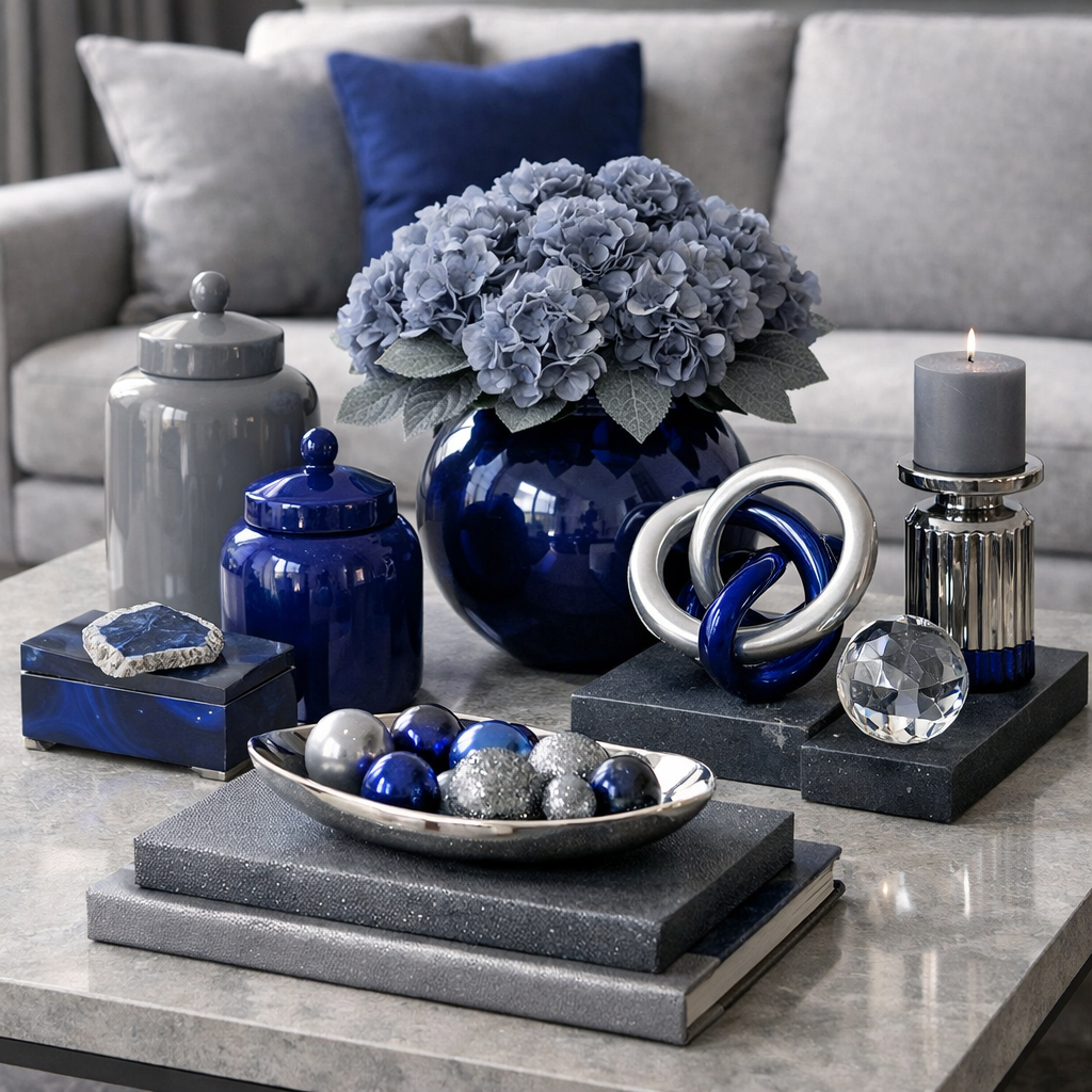 Decorative accessories in royal blue and grey for a living room
