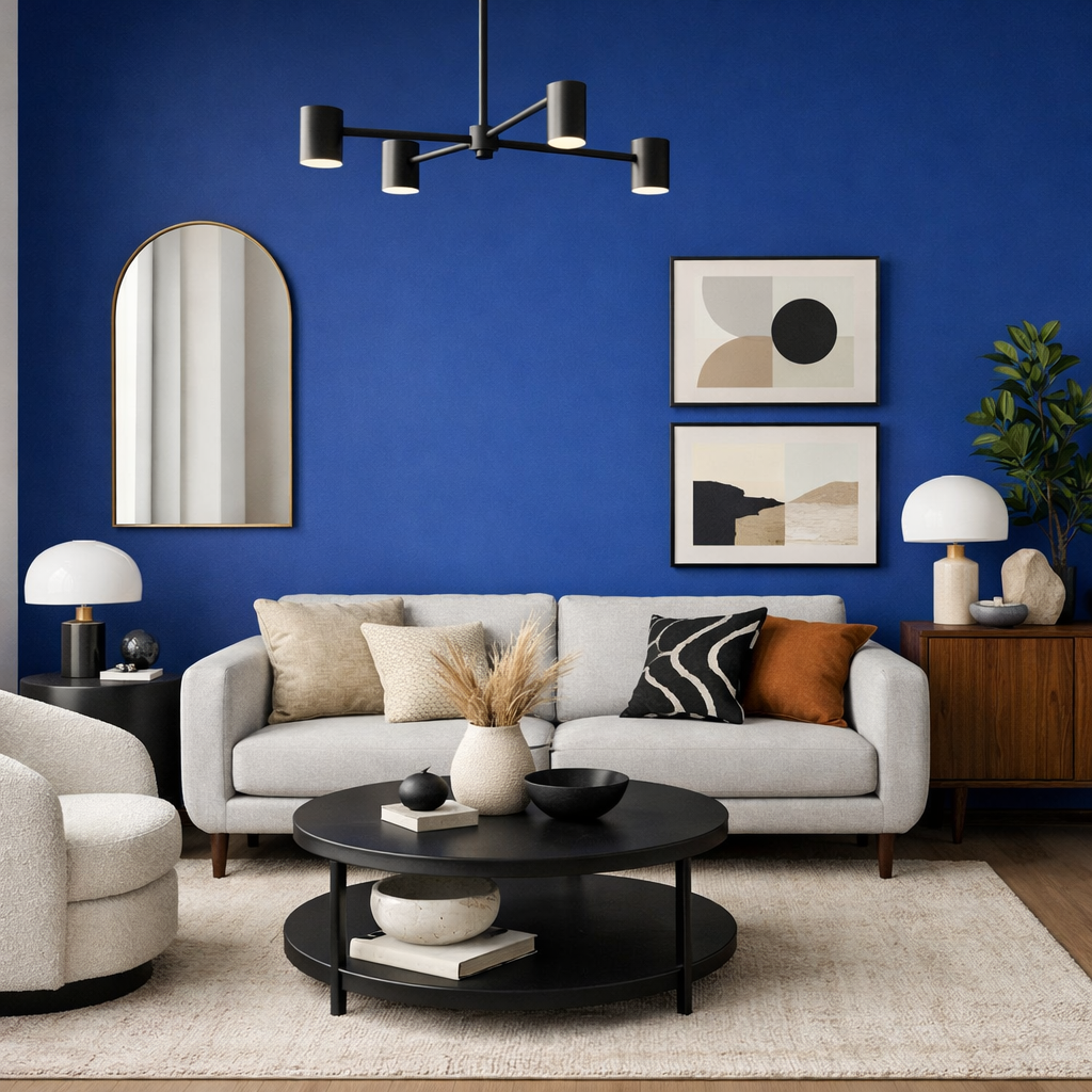 Elegant living room with royal blue accent wall, gray sofa, decorative pillows, art frames, and stylish lighting.