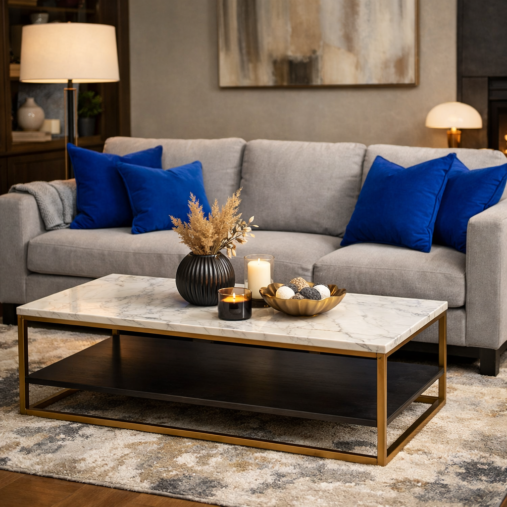 A grey sofa with blue throw pillows in a cozy living room setting.