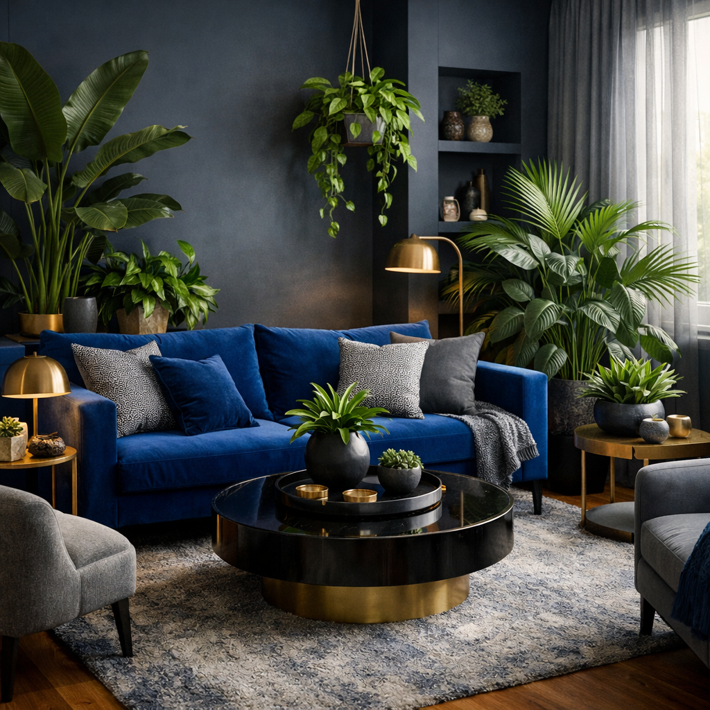 A stylish living room featuring a blue sofa, grey accents, and various green plants.