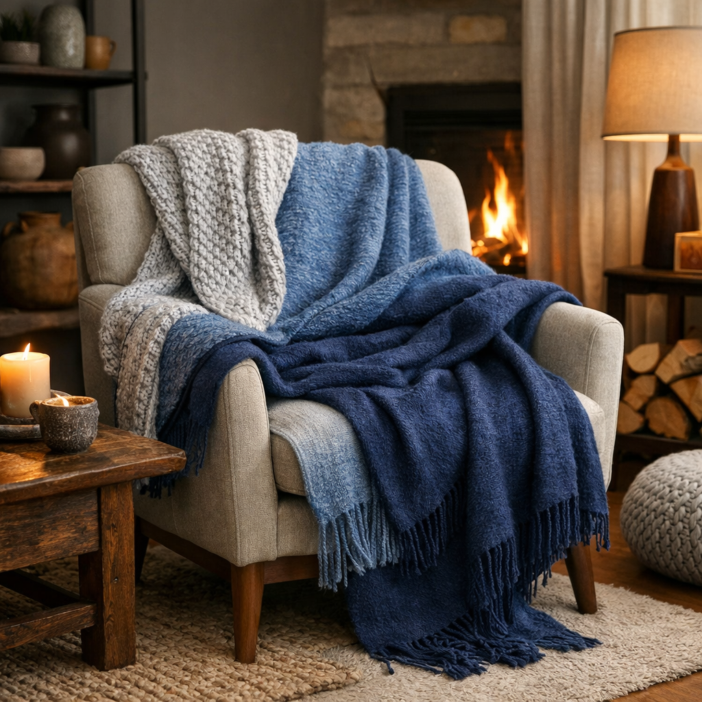 A cozy living room scene featuring layered blue and grey throws on an armchair, with a fireplace in the background.