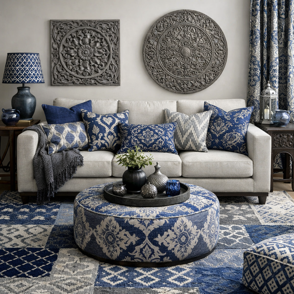 A stylish living room with a light grey sofa, royal blue patterned cushions, and decorative grey wall art.