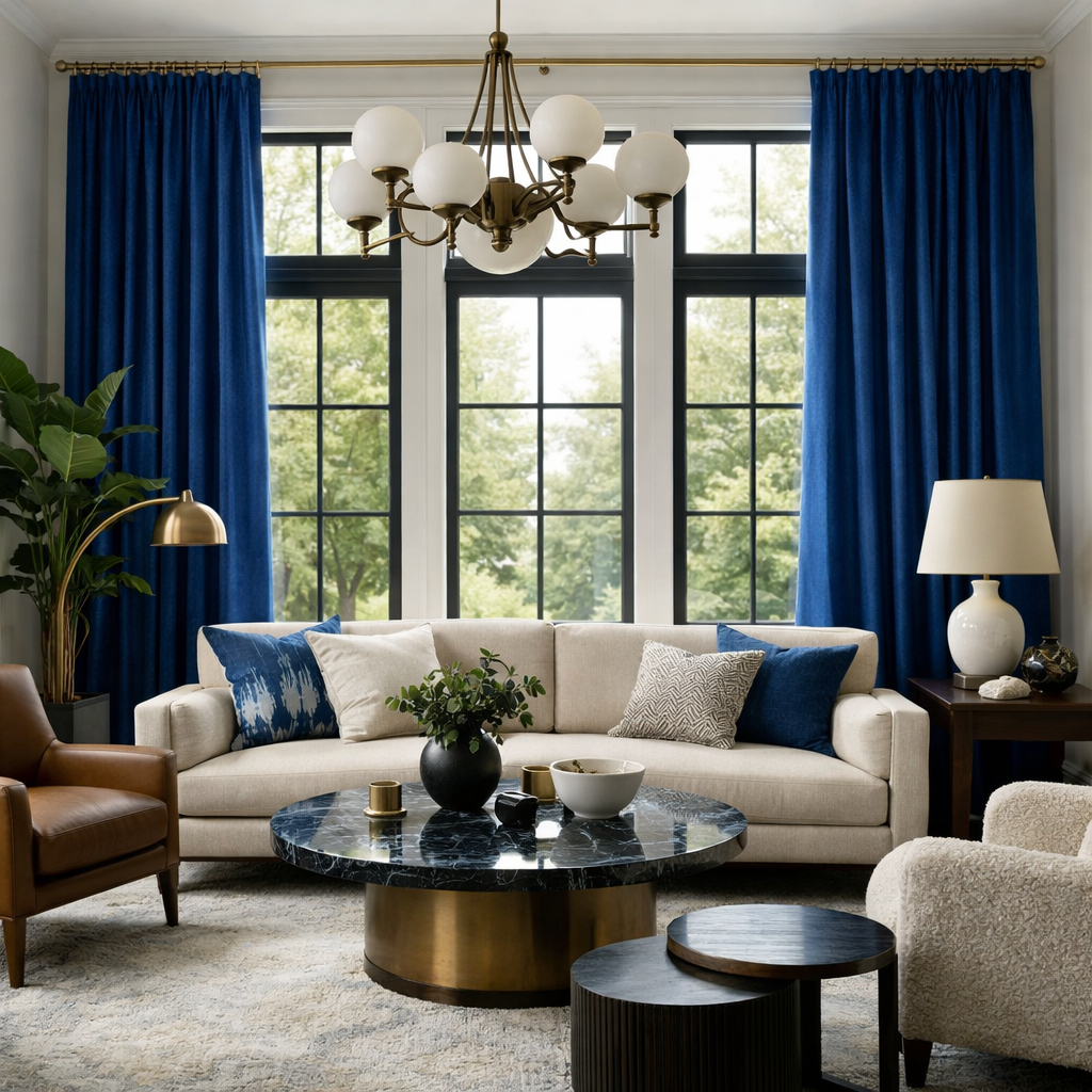 A living room featuring royal blue curtains, a cream-colored couch, and a stylish coffee table.
