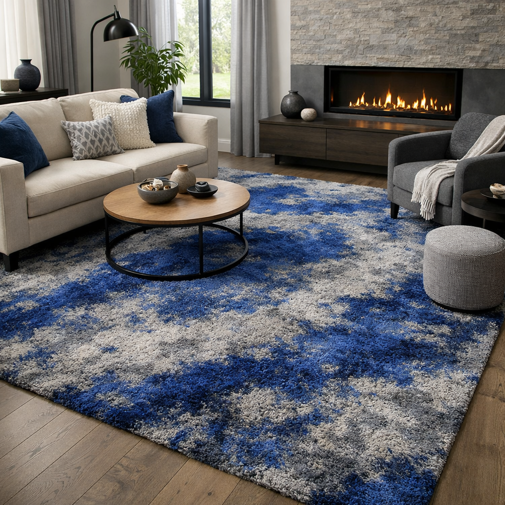 Textured blue and grey rug in a living room with a comfy sofa and a coffee table
