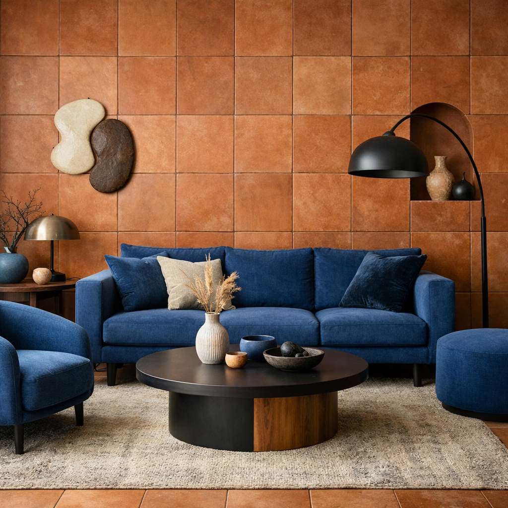 A cozy living room with a terracotta tile accent wall, featuring a blue sofa, round coffee table, and decorative elements.