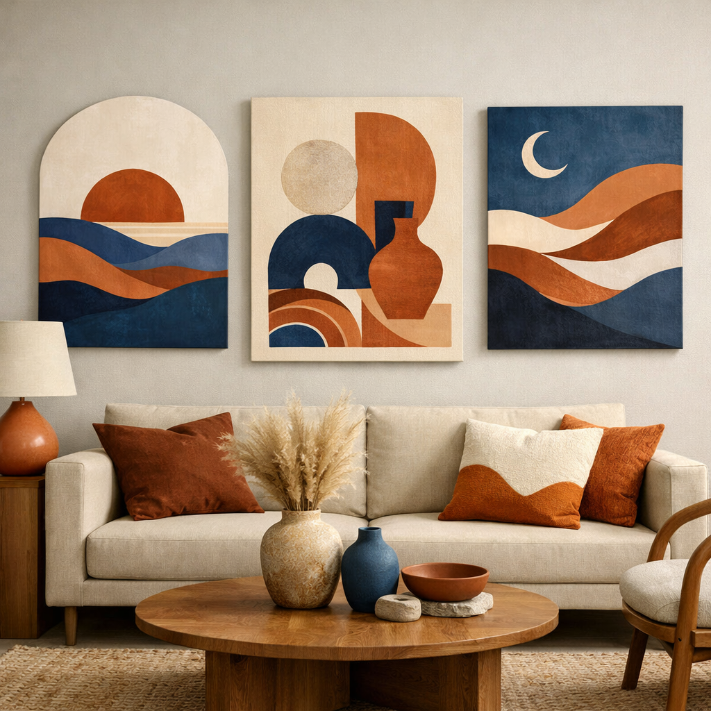 A cozy living room featuring blue and terracotta wall art, a neutral sofa, and a wooden coffee table with decorative items.