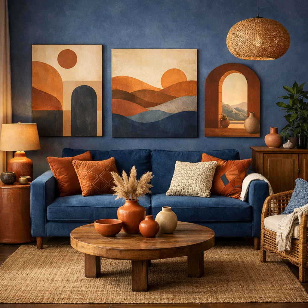 A cozy living room featuring a blue sofa, terracotta accessories, and abstract wall art.