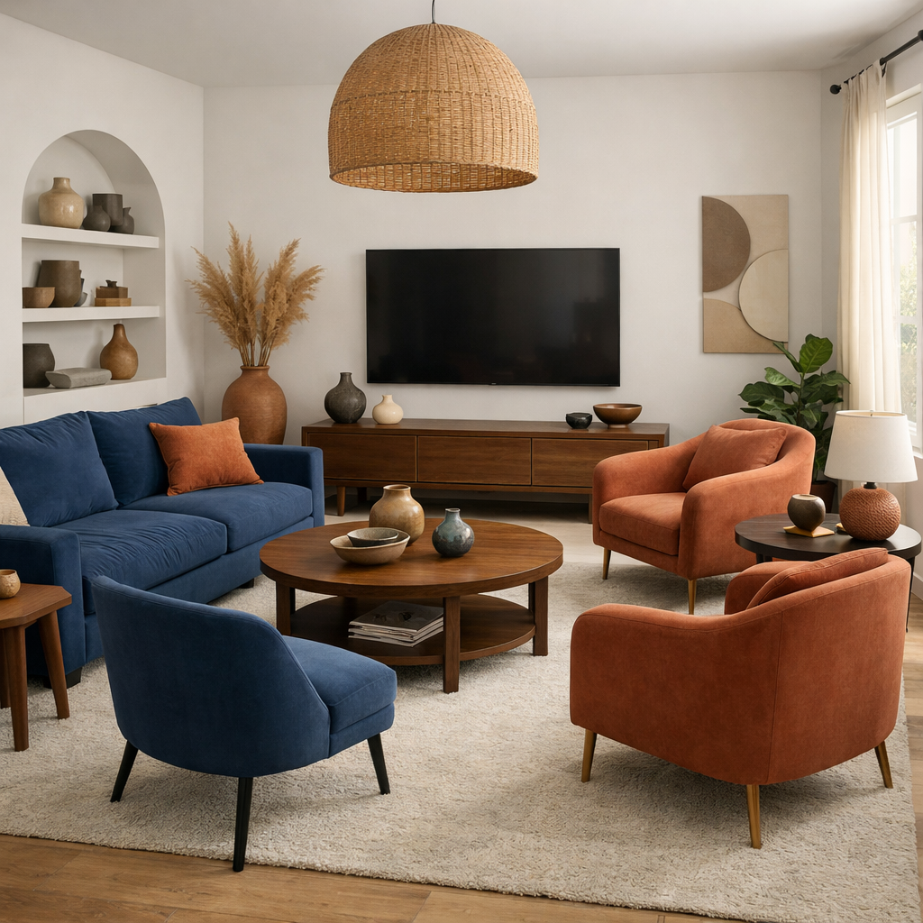 Living room with blue and terracotta furniture, featuring a circular coffee table and natural decor