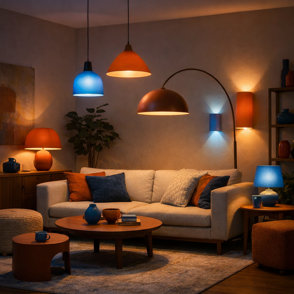 Cozy living room with blue and terracotta lighting and decor.