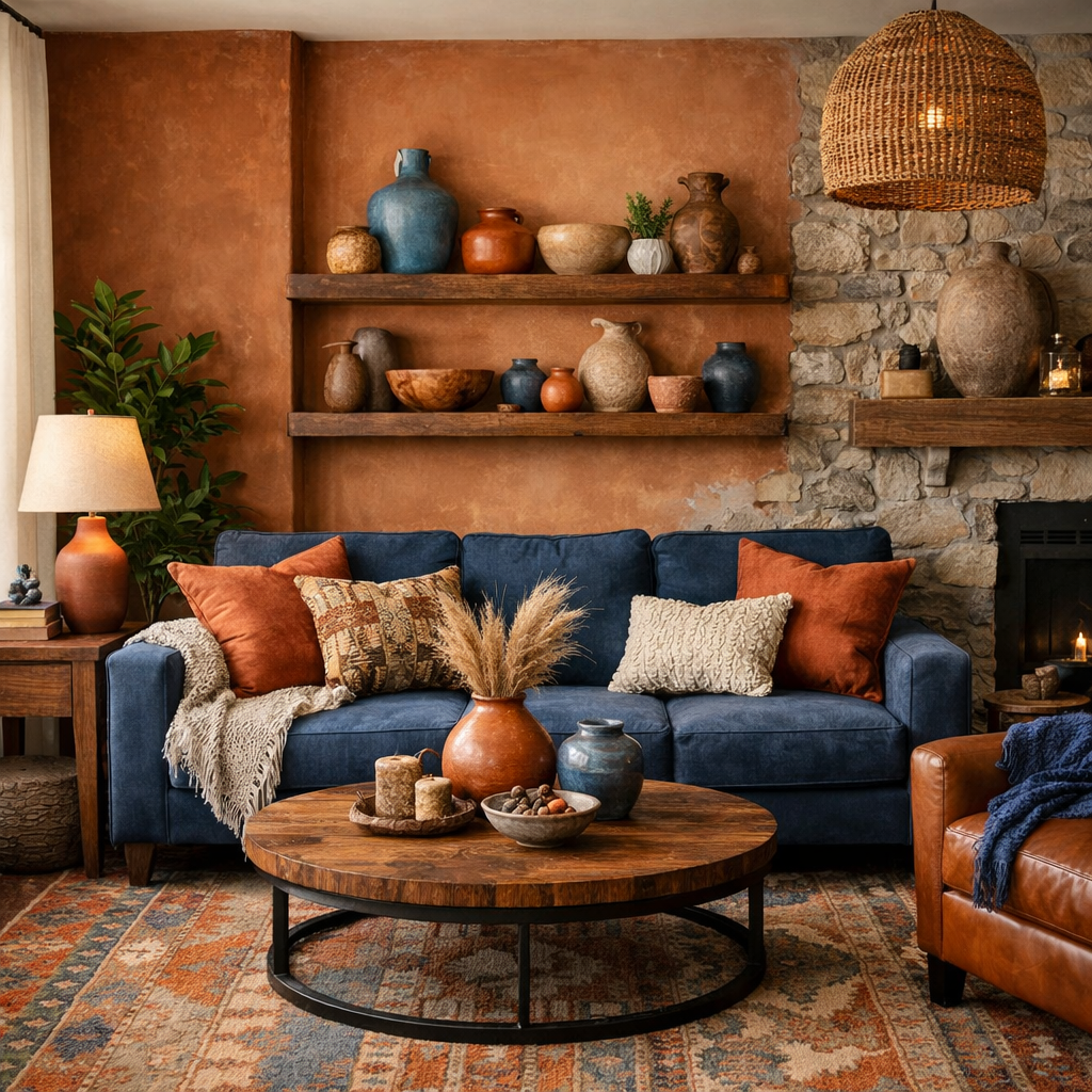 A cozy blue and terracotta living room featuring a blue sectional, terracotta decor, and rustic wooden furniture.