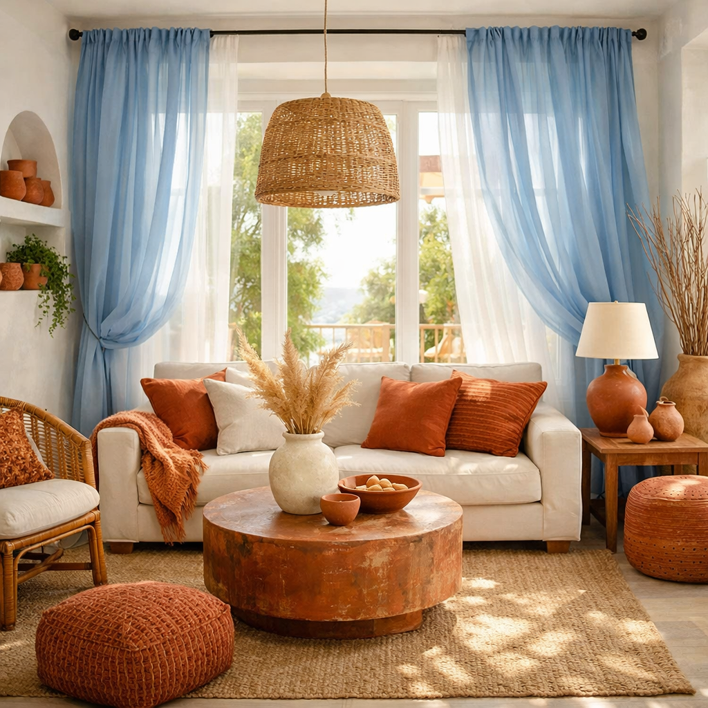Bright living room with blue curtains, terracotta accents, and natural light