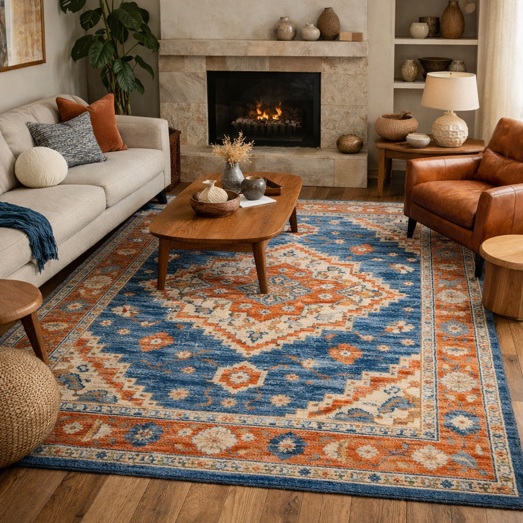 Stylish blue and terracotta patterned rug in a living room setting, with a sofa and wooden furniture.