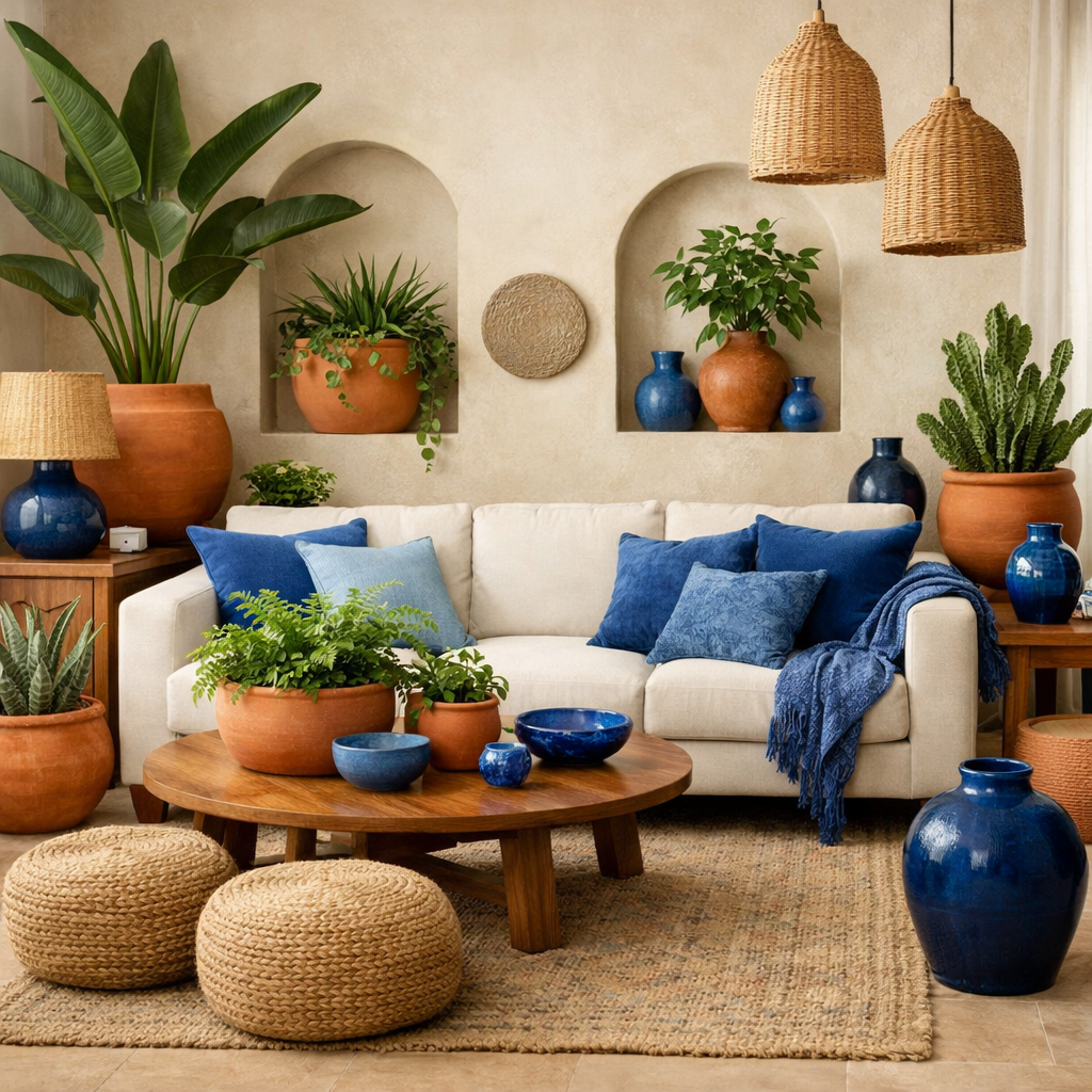 A cozy living room featuring a mix of blue and terracotta decor, with lush greenery in terracotta planters.