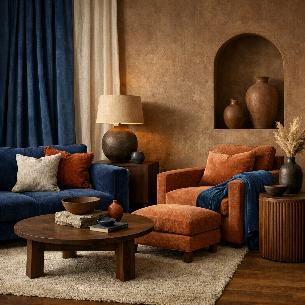 A blue and terracotta living room featuring plush furniture and textured fabrics.