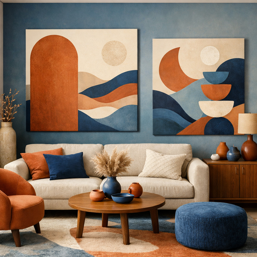 A cozy living room featuring blue and terracotta artwork, with a beige sofa and a round wooden coffee table.