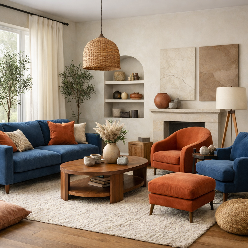 A living room featuring blue and terracotta furniture with a cozy arrangement