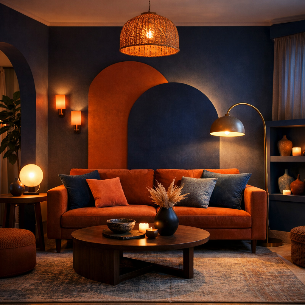 A living room featuring a blue and terracotta color scheme with layered lighting elements, including pendant lights, sconces, and table lamps.