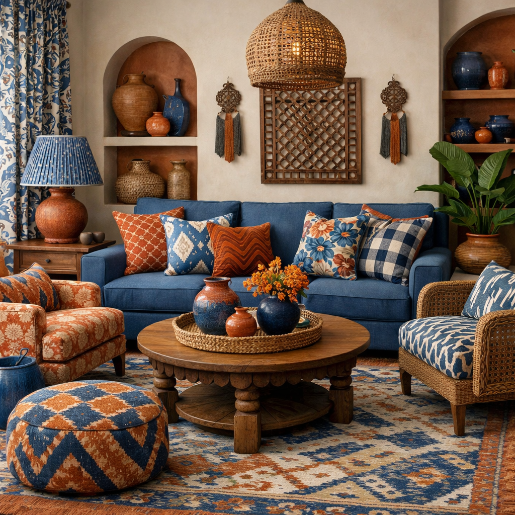 A cozy living room decorated with blue and terracotta colors, featuring a blend of patterns in the furniture and decor.