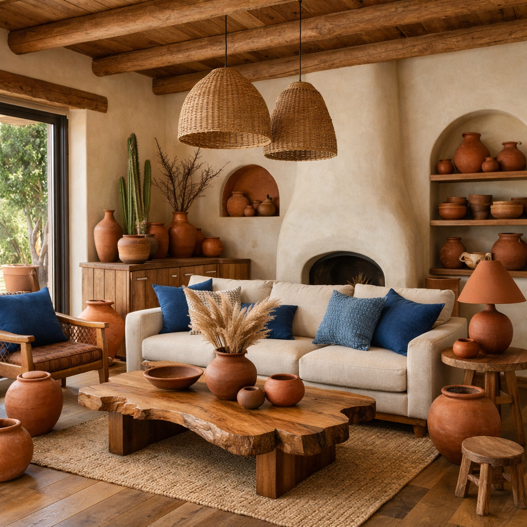 A living room featuring terracotta pots, blue cushions, and wooden furniture creating a cozy and inviting atmosphere.