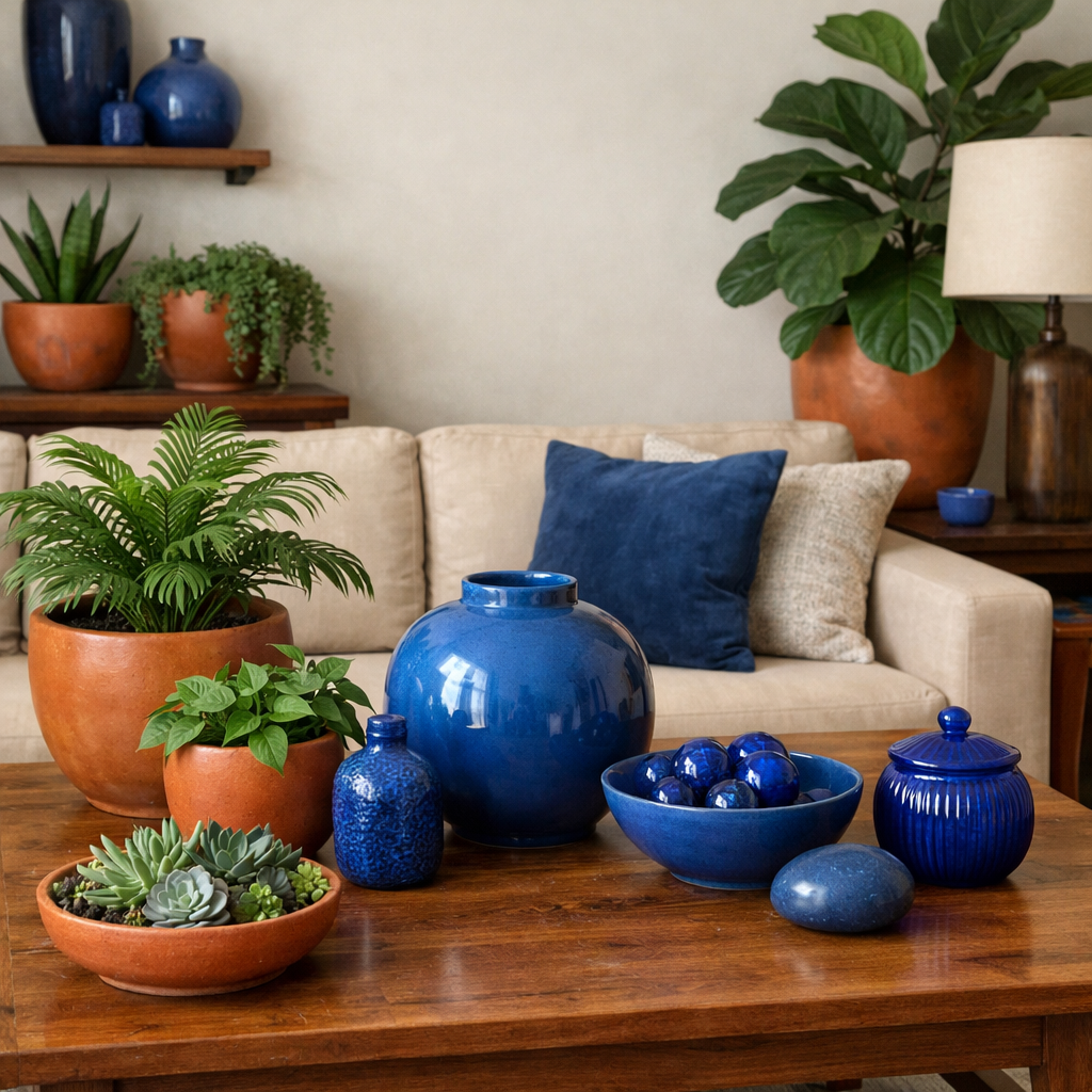 Terracotta planters with blue decor in a cozy living room setting.