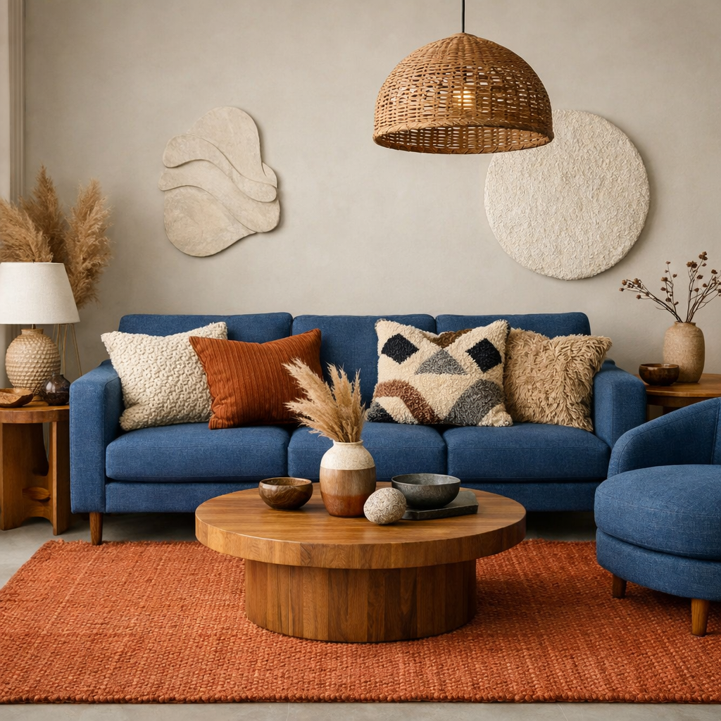 Living room with a blue sofa and terracotta rug featuring textured throw pillows.