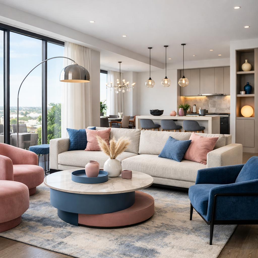 A contemporary living room featuring a beige sofa, blue and pink accents, large windows, and a stylish coffee table.