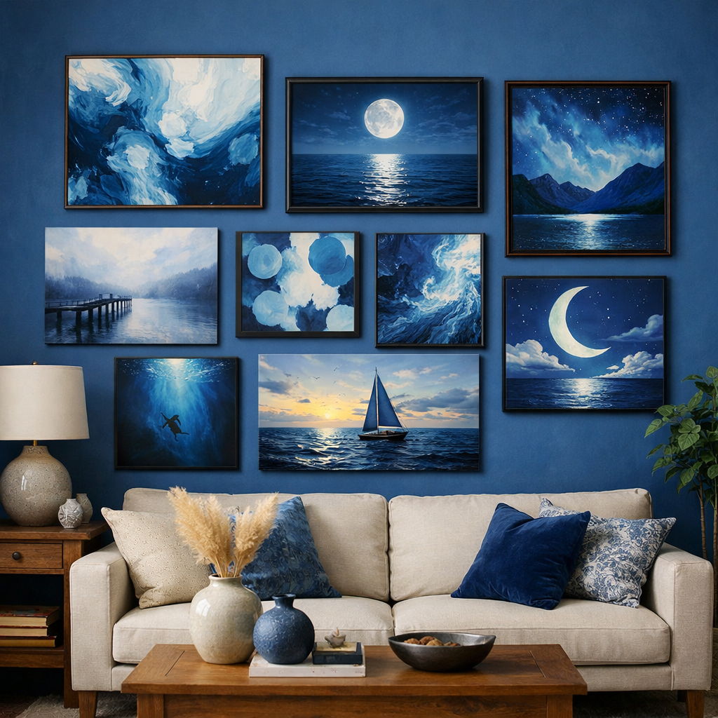 A living room with a blue gallery wall featuring various ocean-themed artwork and a cozy sofa.