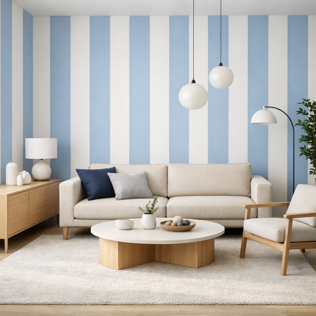 Living room with blue and white striped walls, featuring a beige sofa and wooden coffee table.