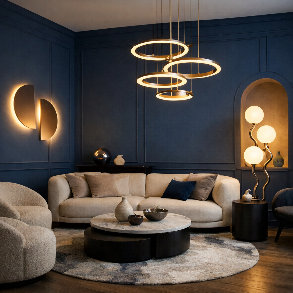 A contemporary living room featuring deep blue walls and stylish circular lighting fixtures.