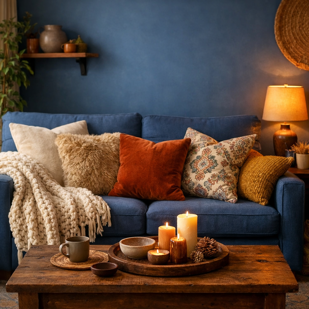 Cozy living room with blue wall and textiles.