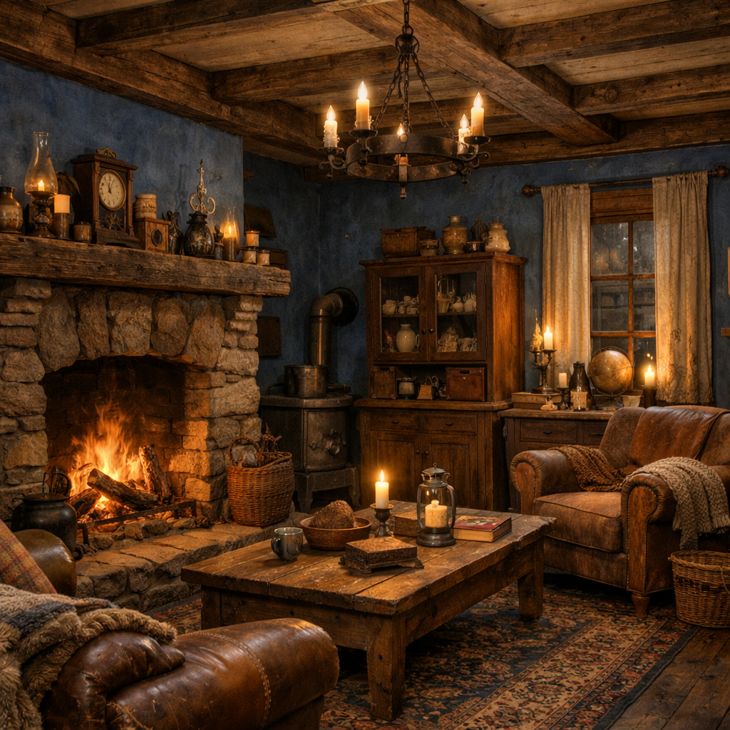Cozy rustic living room with a blue wall, stone fireplace, wooden furniture, and warm lighting
