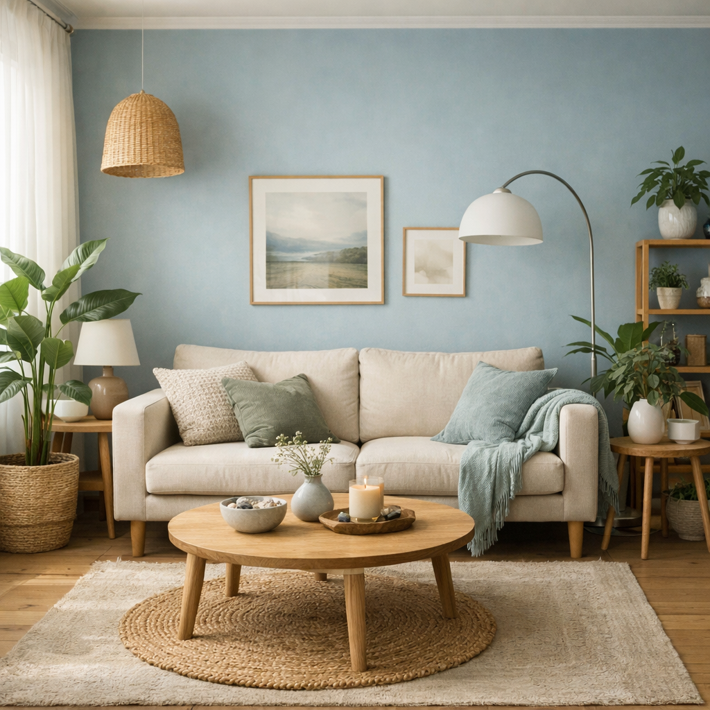 A cozy living room featuring blue walls, a beige sofa with green throw pillows, a round wooden coffee table, and plants for a tranquil atmosphere.