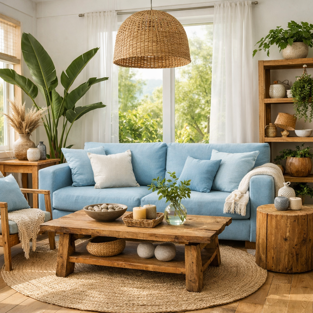 A bright living room featuring a sky blue couch, natural wood furniture, plants, and a woven pendant lamp.