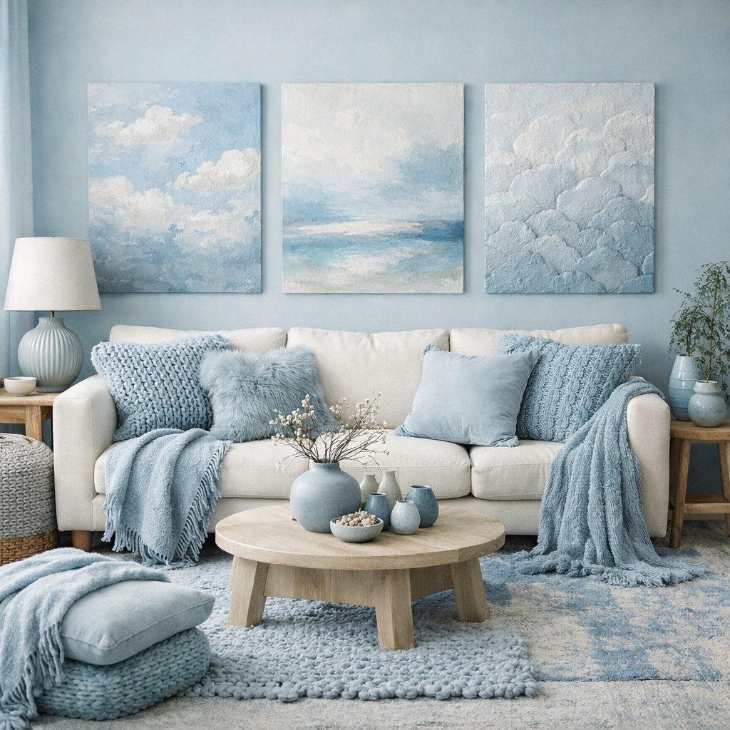 A cozy sky blue living room featuring layered textures in cushions, throws, and wall art.