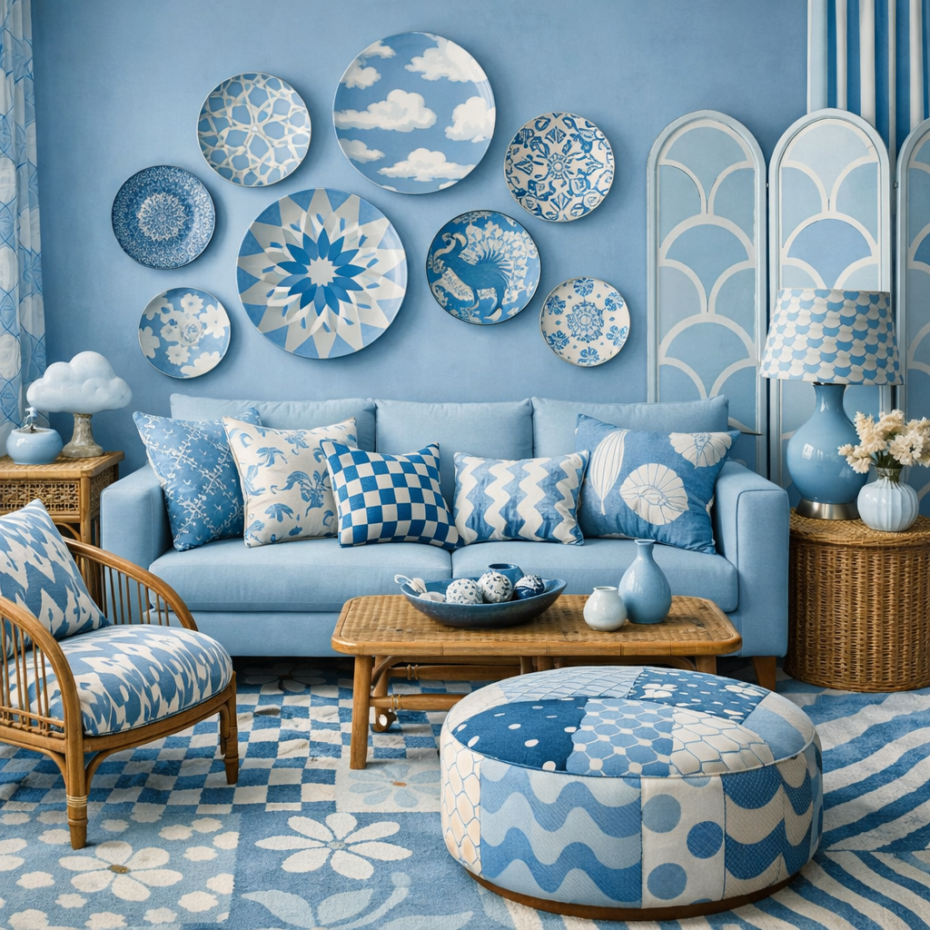 Stylish living room featuring sky blue decor with mixed patterns and textures.