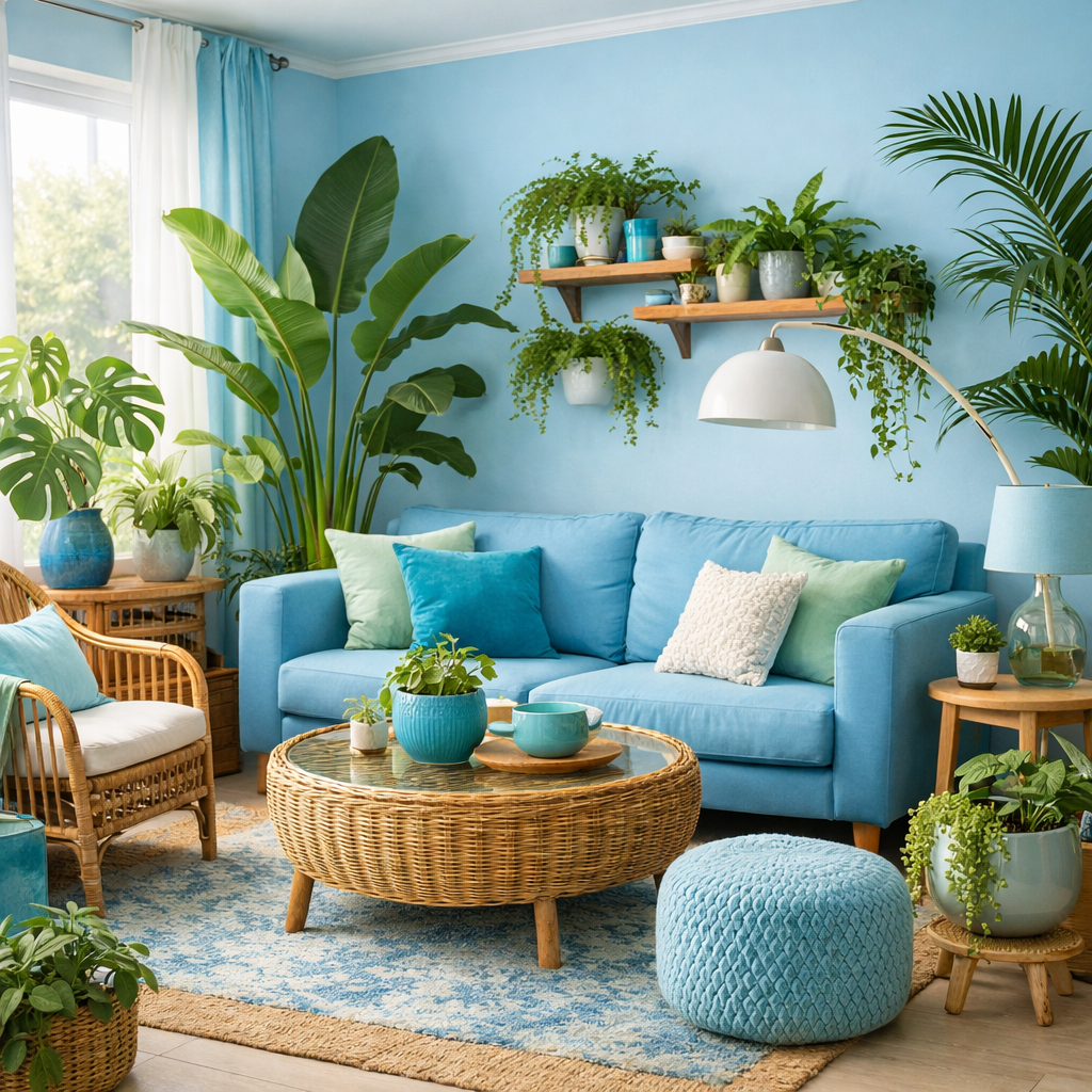 A sky blue living room featuring various indoor plants, a blue couch, and a natural wood coffee table.