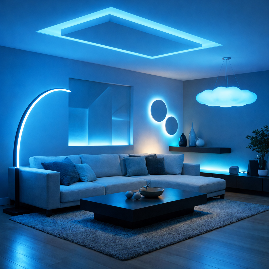 A stylish living room with sky blue lighting fixtures, featuring blue ambient lighting around furniture and art.
