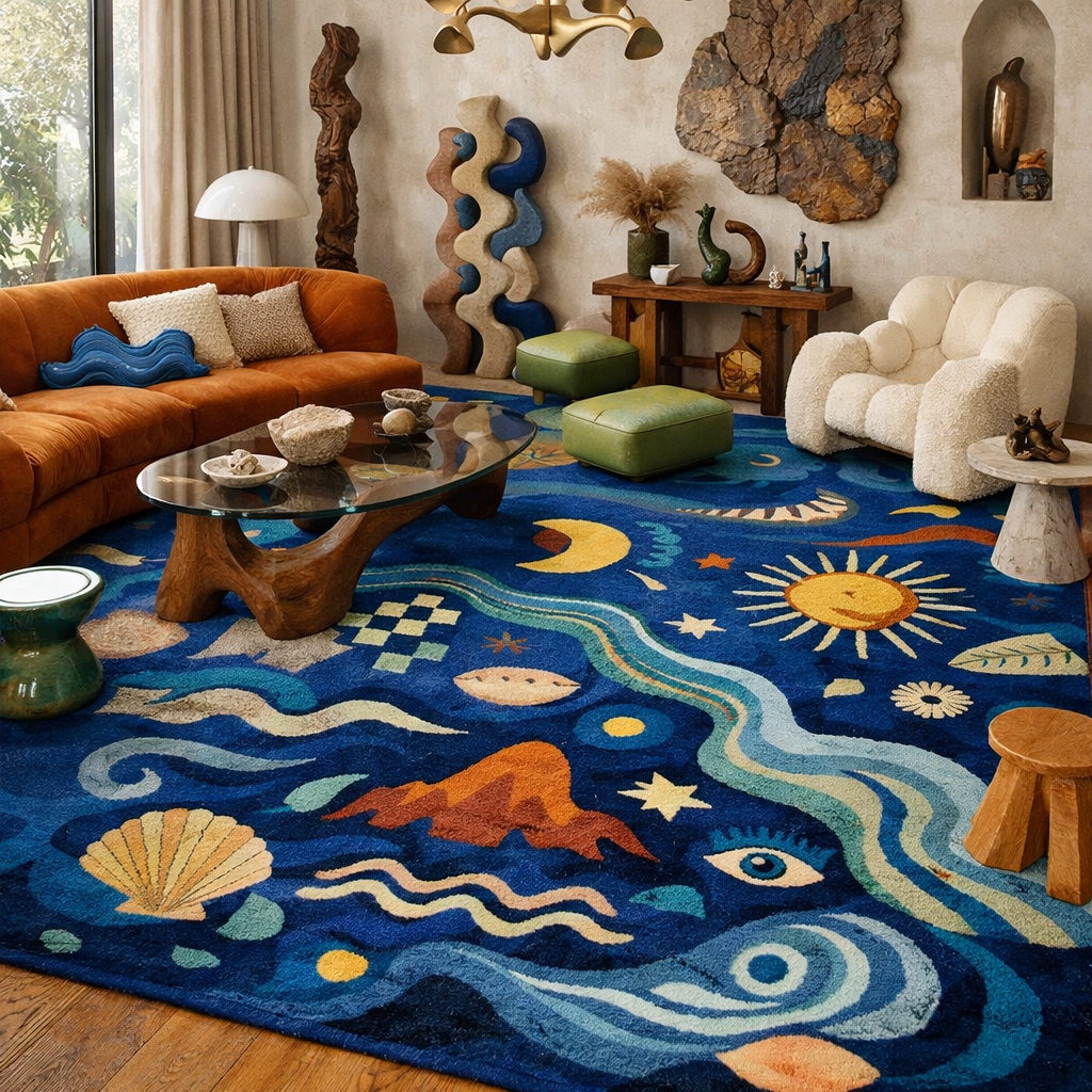 A vibrant blue carpet with artistic designs in a stylish living room featuring an orange sofa and wooden decor.