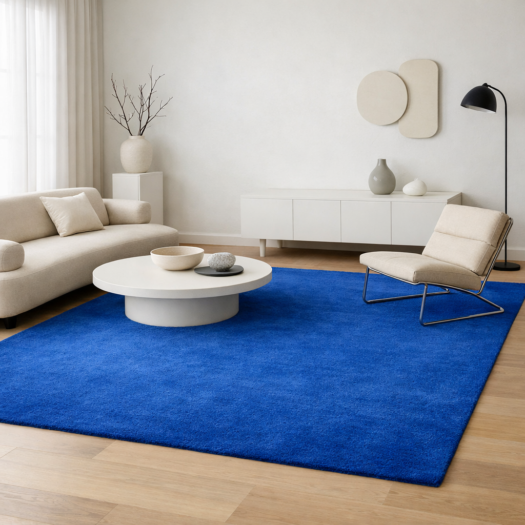 Spacious living room featuring a bright blue carpet, minimalist furniture, and light decor.